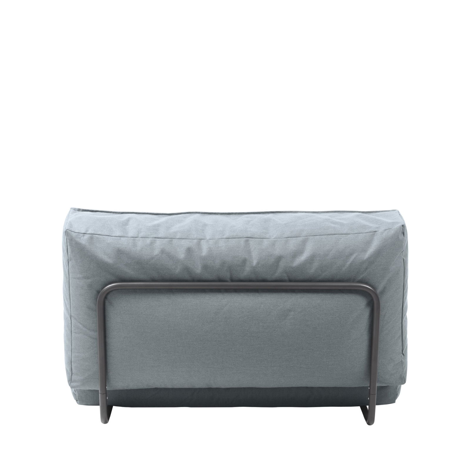 Modern minimalist gray sofa with a sleek metal frame, ideal for contemporary living spaces.