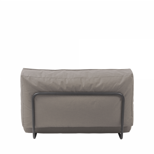 Modern minimalist sofa with a sleek design and neutral fabric covering.
