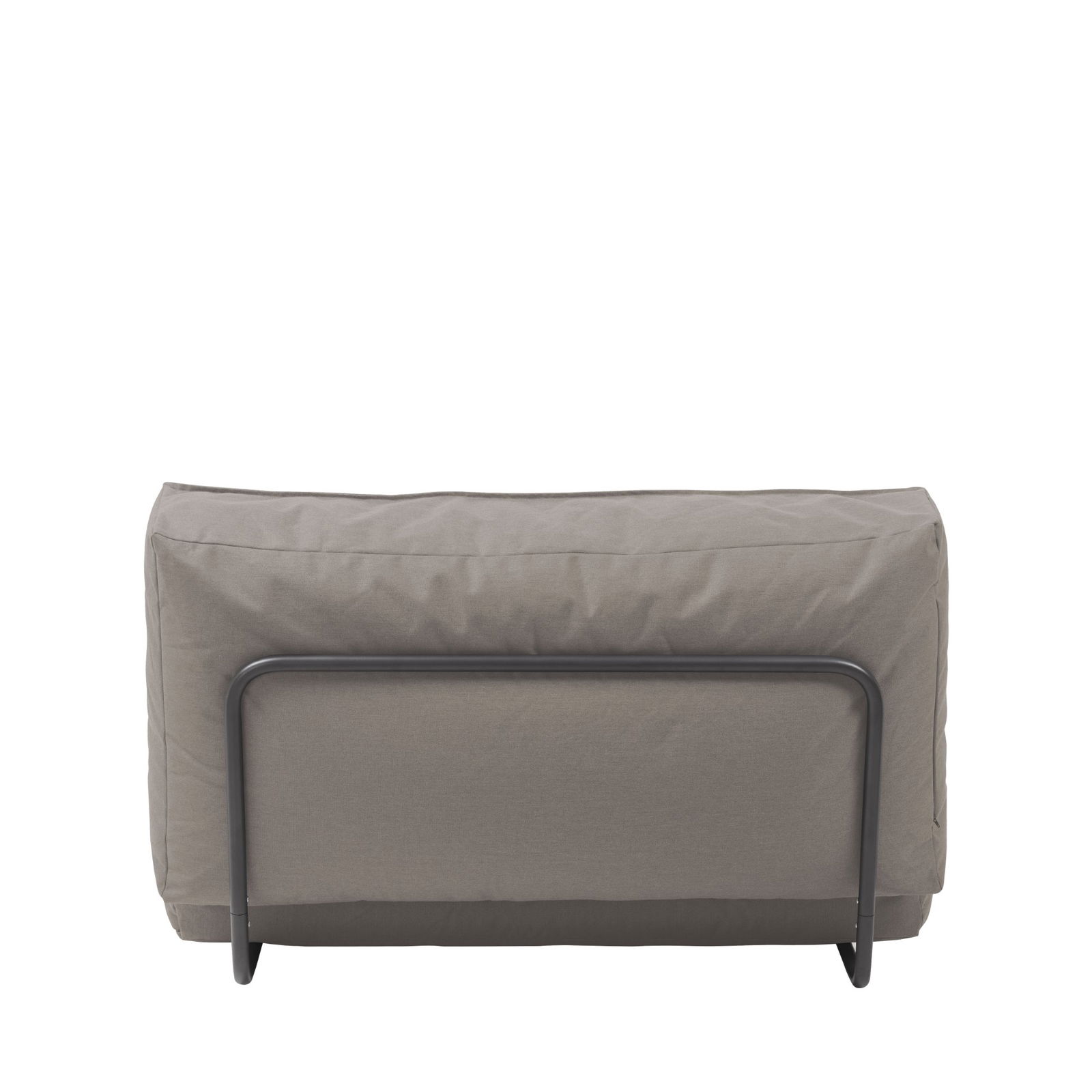 Modern minimalist sofa with a sleek design and neutral fabric covering.