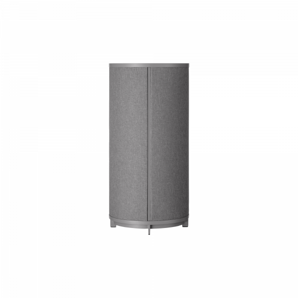 Stylischer zylindrischer grauer Aufbewahrungsschrank mit einem eleganten Design für moderne Innenräume.