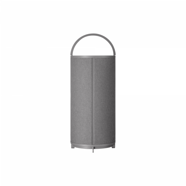 Stylische graue zylindrische Mülltonne mit einem Griff zum einfachen Tragen und modernem Design.