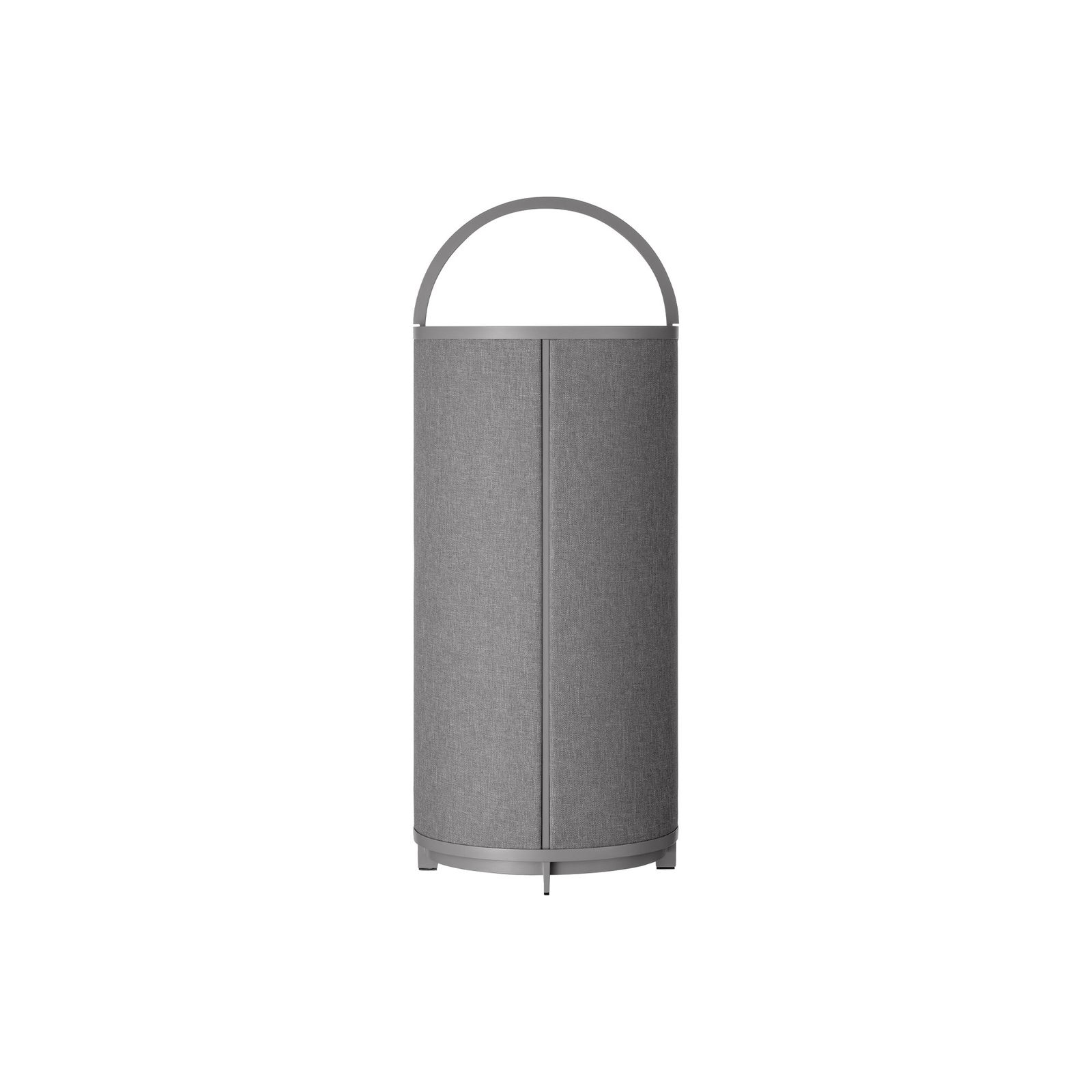 Stylische graue zylindrische Mülltonne mit einem Griff zum einfachen Tragen und modernem Design.