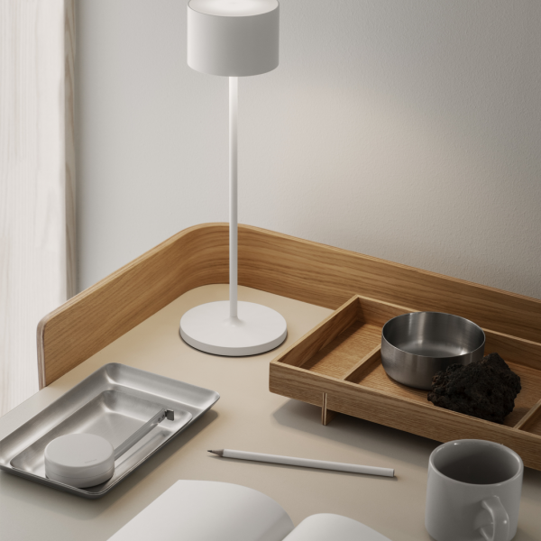 Modern desk setup featuring a lamp, tray, bowl, and notebook in a minimalist design.