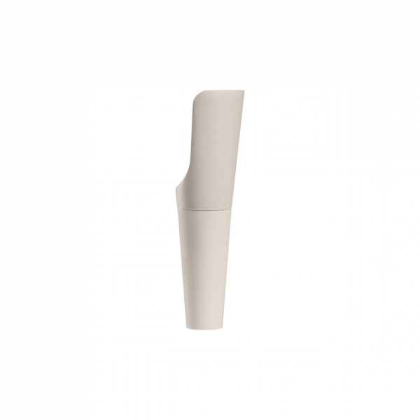 Minimalist white pen standing upright against a plain background.