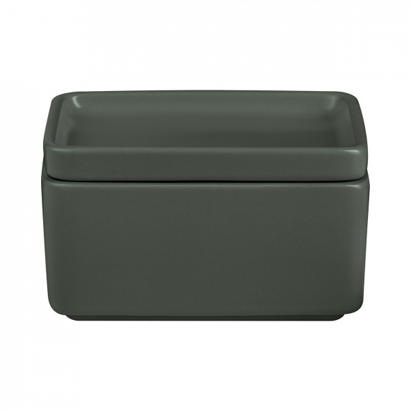 Moderne dunkelgrüne Keramik-Aufbewahrungsbox mit einem eleganten Deckel zur Organisation von Essentials.