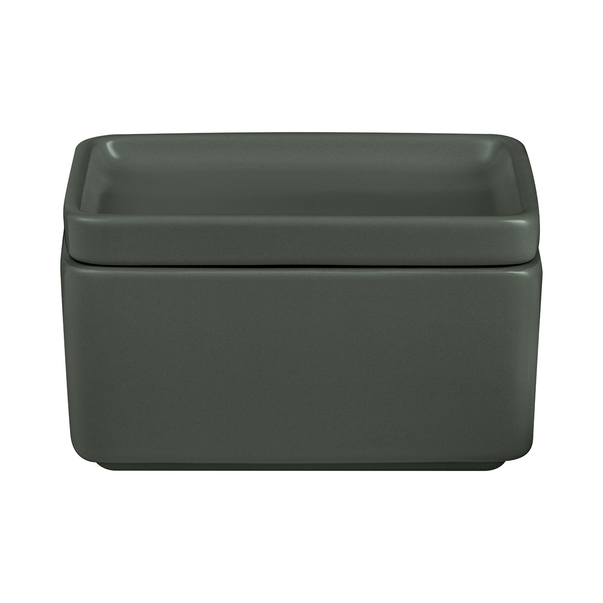 Moderne dunkelgrüne Keramik-Aufbewahrungsbox mit einem eleganten Deckel zur Organisation von Essentials.