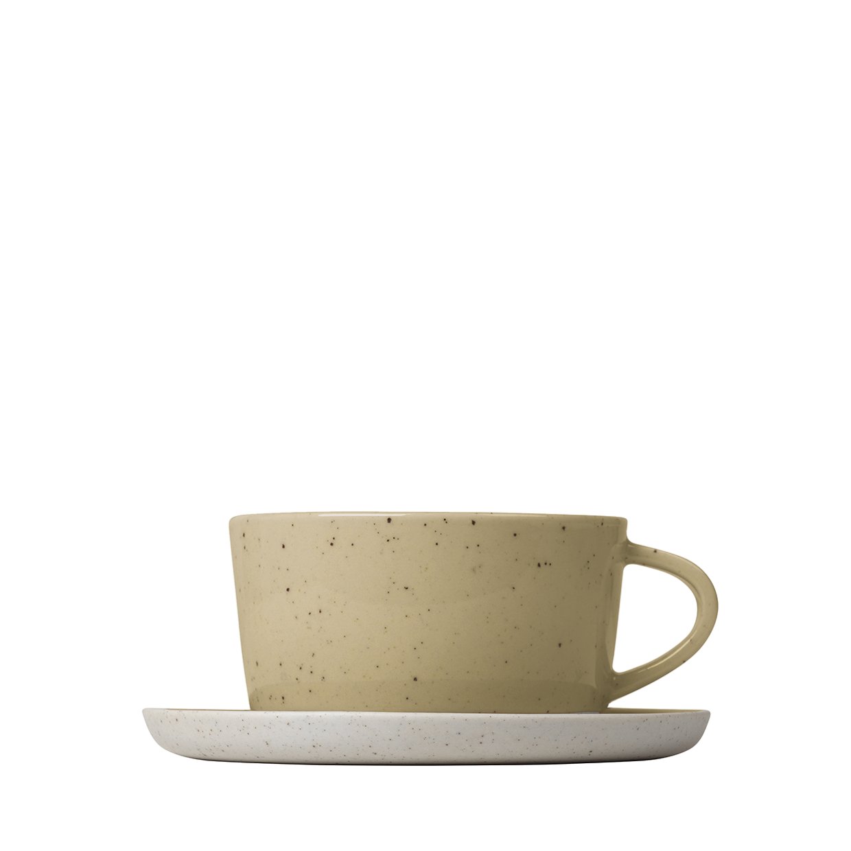 Minimalist ceramic cup with a matching saucer on a white background.