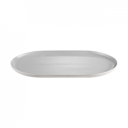 Gray oval serving plate on a white background, ideal for dining and presentation.