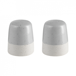Two modern salt and pepper shakers in gray and white speckled design on a plain background.