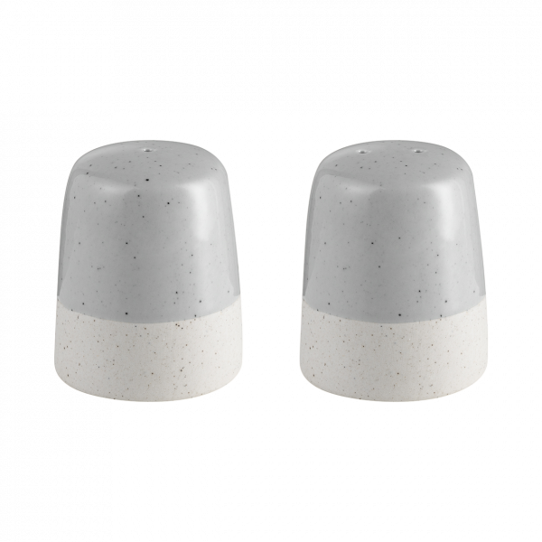 Two modern salt and pepper shakers in gray and white speckled design on a plain background.