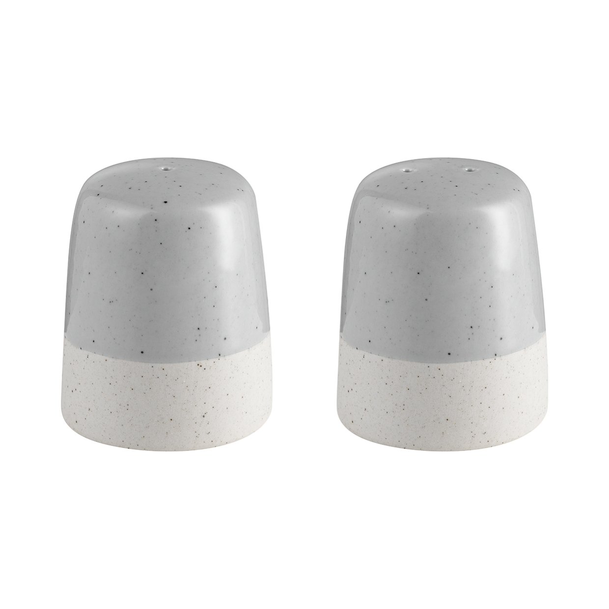 Two modern salt and pepper shakers in gray and white speckled design on a plain background.