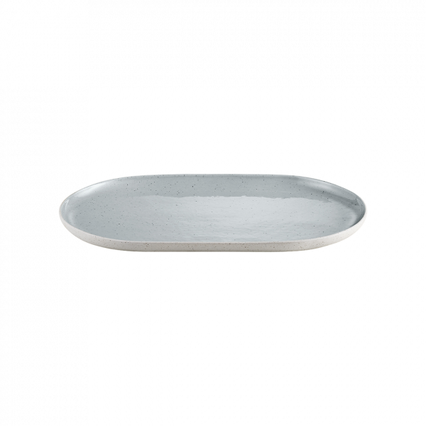 Minimalistische graue keramische ovale Platte auf weißem Hintergrund.