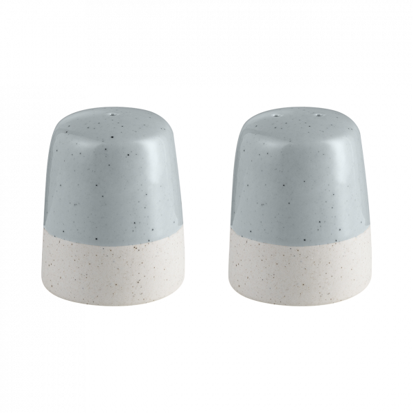 Set of stylish gray and white ceramic salt and pepper shakers for modern kitchen decor.