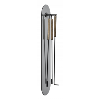 Modern fireplace tool set displayed on a sleek wall-mounted holder with wooden handles.