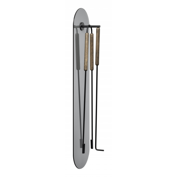 Modern fireplace tool set displayed on a sleek wall-mounted holder with wooden handles.