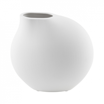 Sleek white ceramic vase with a modern, round shape and a narrow opening.