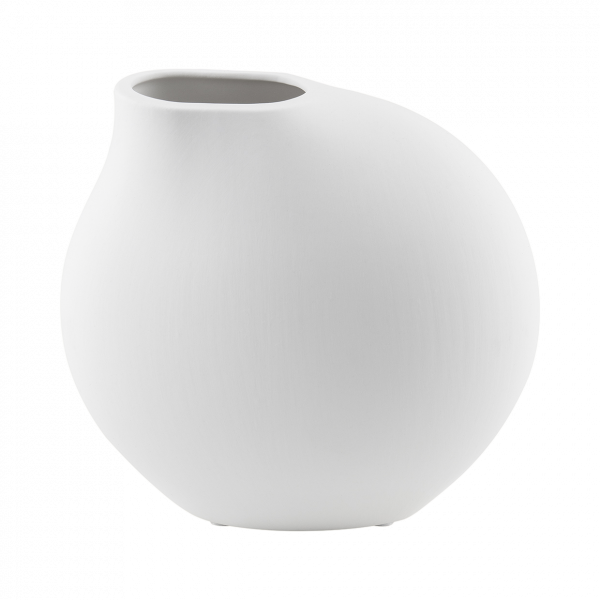 Elegante weiße Keramikvase mit modernem, rundem Design und einer schmalen Öffnung.