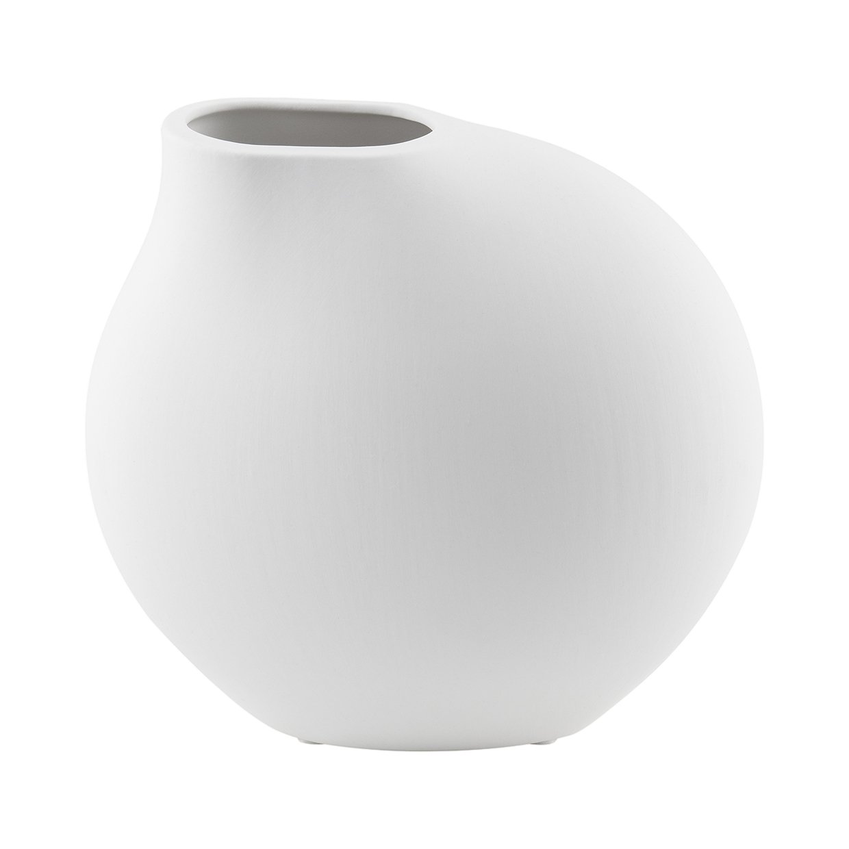 Elegante weiße Keramikvase mit modernem, rundem Design und einer schmalen Öffnung.