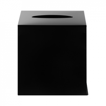 Black modern cube-shaped trash can with a circular opening on the top.