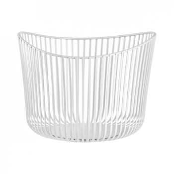 Weißer Draht-Aufbewahrungskorb mit modernem Design und offenen Streben für einfache Sichtbarkeit.