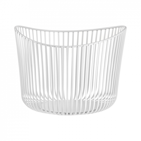 Weißer Draht-Aufbewahrungskorb mit modernem Design und offenen Streben für einfache Sichtbarkeit.