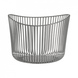 Modern gray decorative basket with an open slatted design and rounded shape.