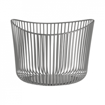 Moderner grauer Dekorationskorb mit einem offenen Lattendesign und runder Form.