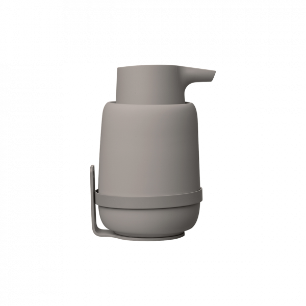 Minimalist gray soap dispenser with pump for modern bathroom decor.