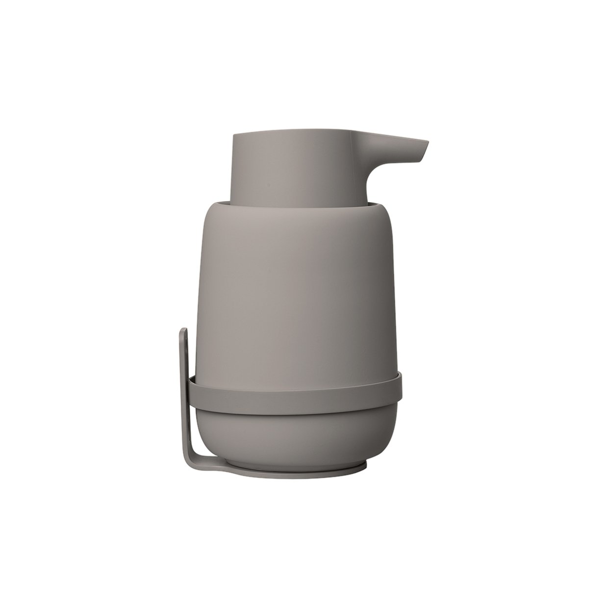 Minimalist gray soap dispenser with pump for modern bathroom decor.