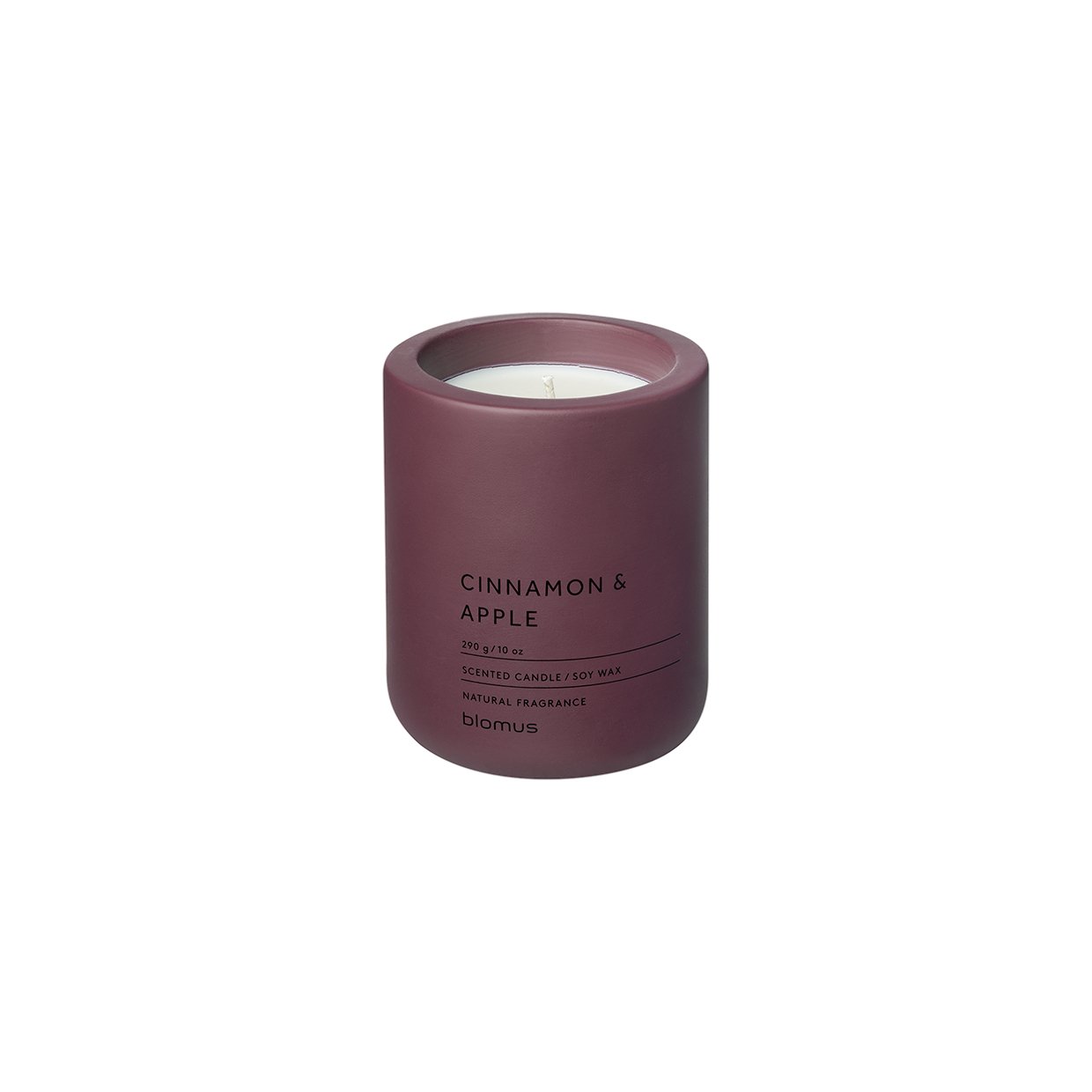 Cinnamon and apple scented candle in a stylish burgundy holder for cozy home ambiance.