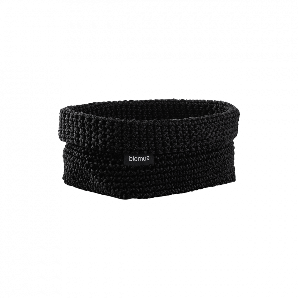 Stylish black braided storage basket by Blomus for organizing home essentials.