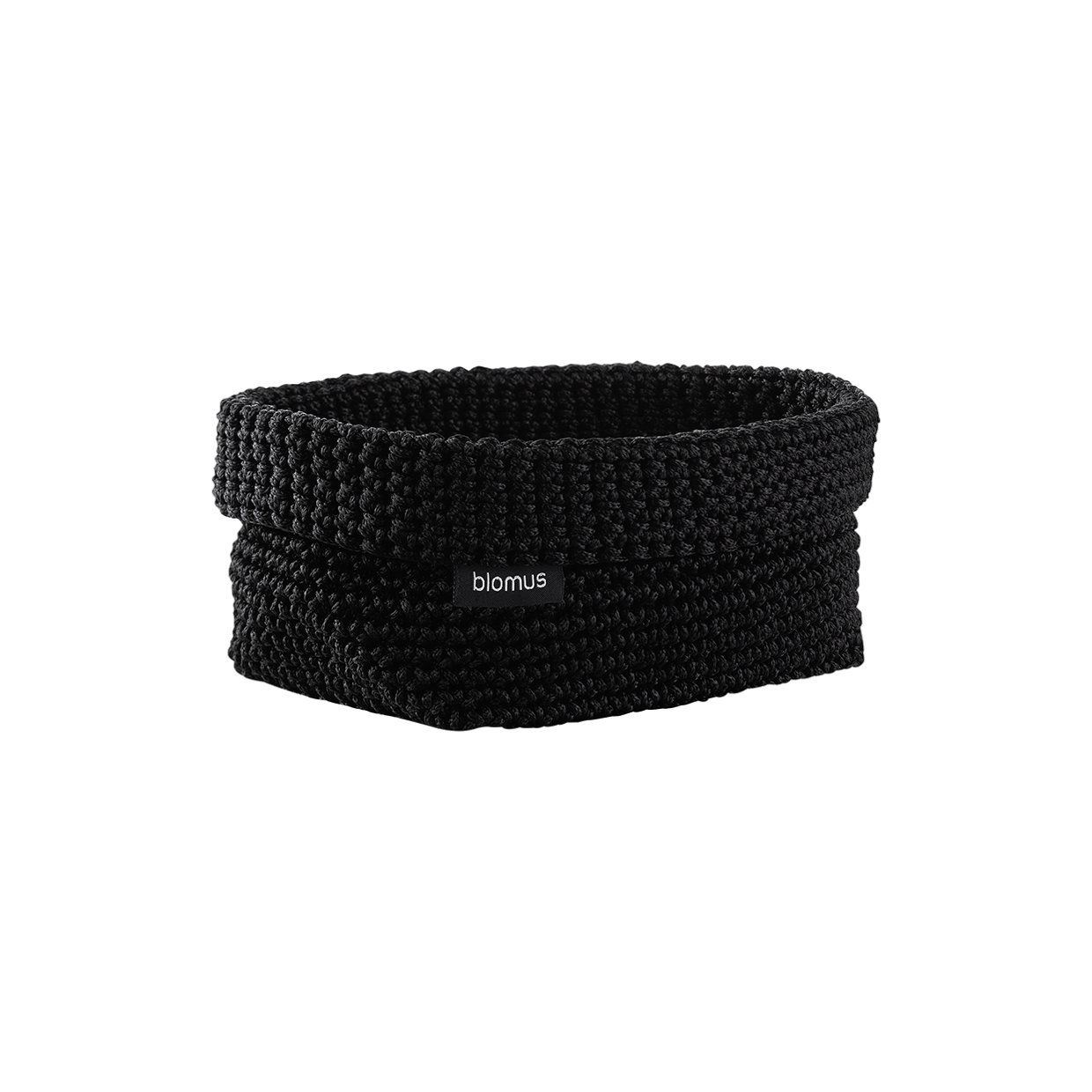 Stylish black braided storage basket by Blomus for organizing home essentials.