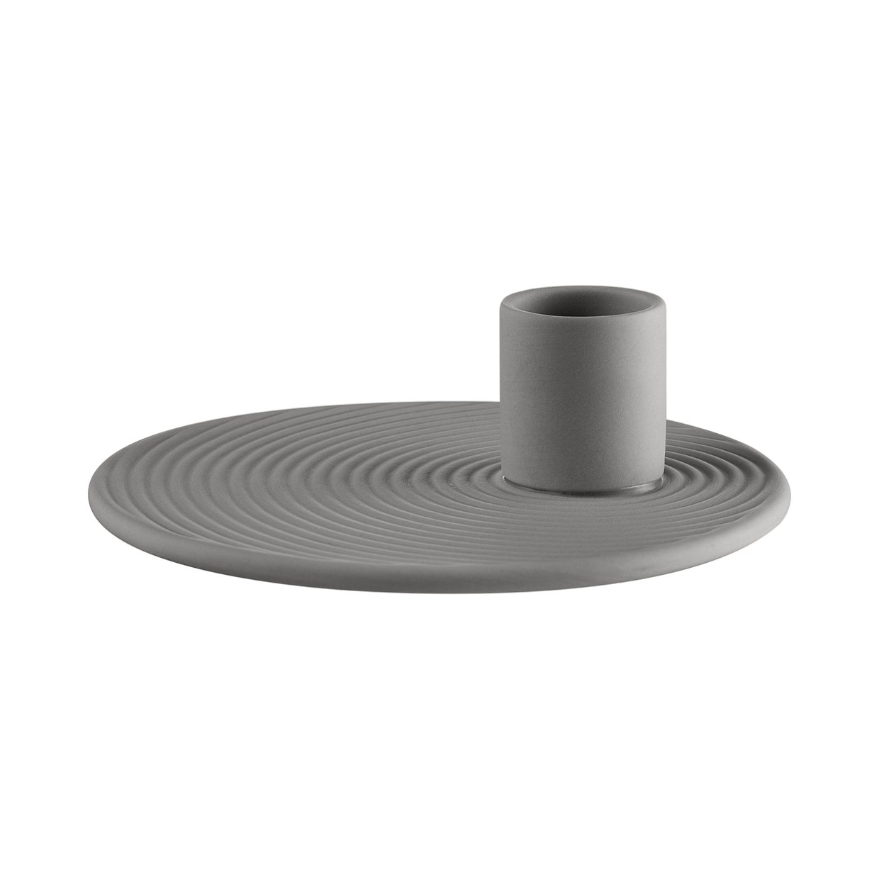 Modern gray candle holder with a circular base and textured design.
