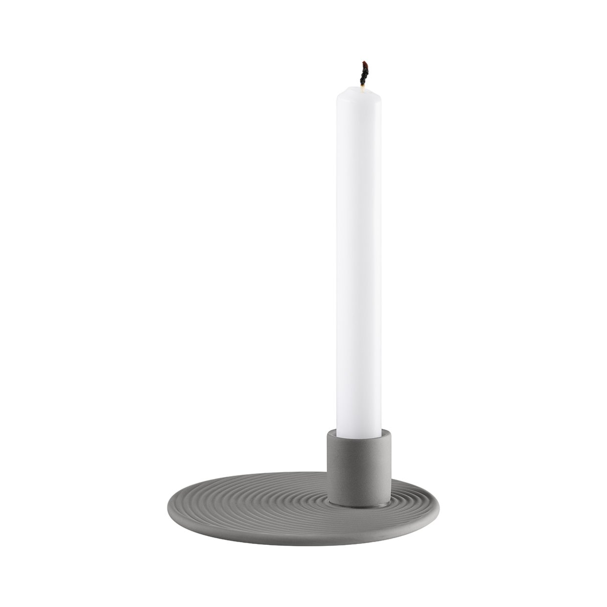 Stylish white candle in a modern gray holder, perfect for home decor.