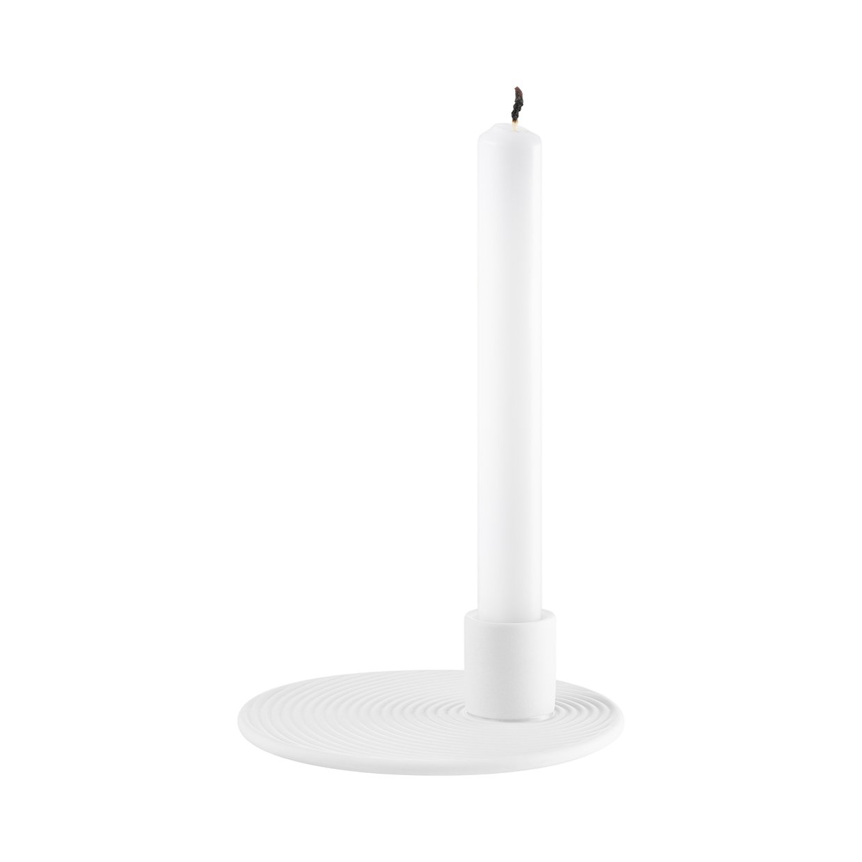 Minimalist white candle holder with a tall white candle, perfect for modern decor.