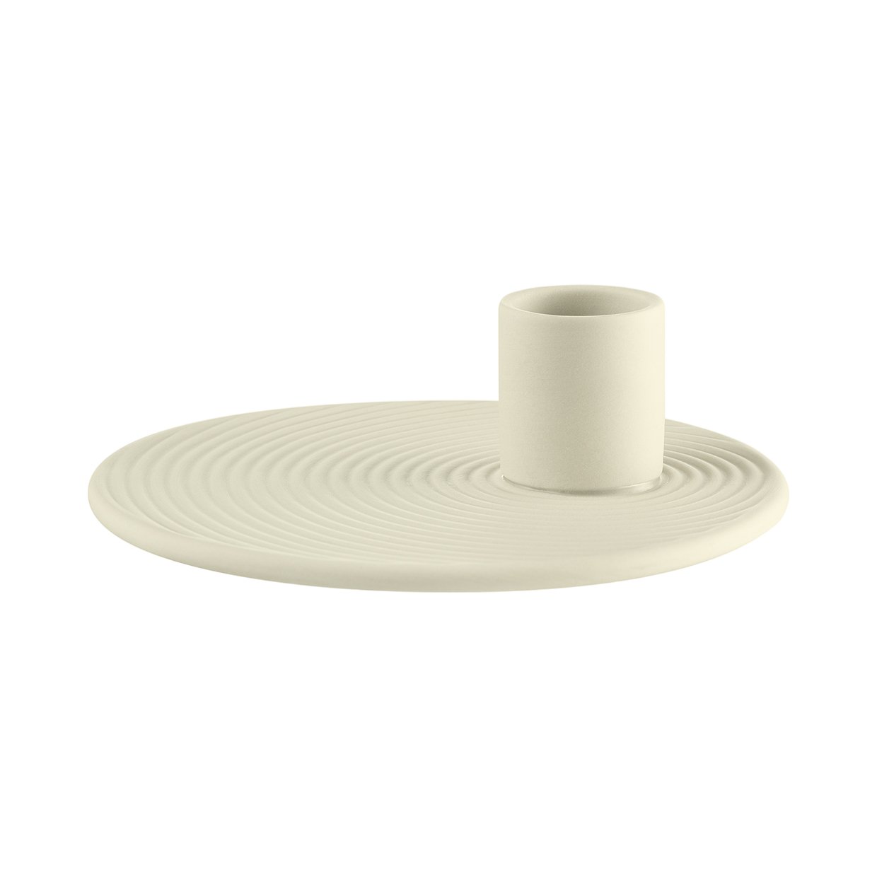 Elegant cream-colored ceramic plate with a matching cylindrical holder.