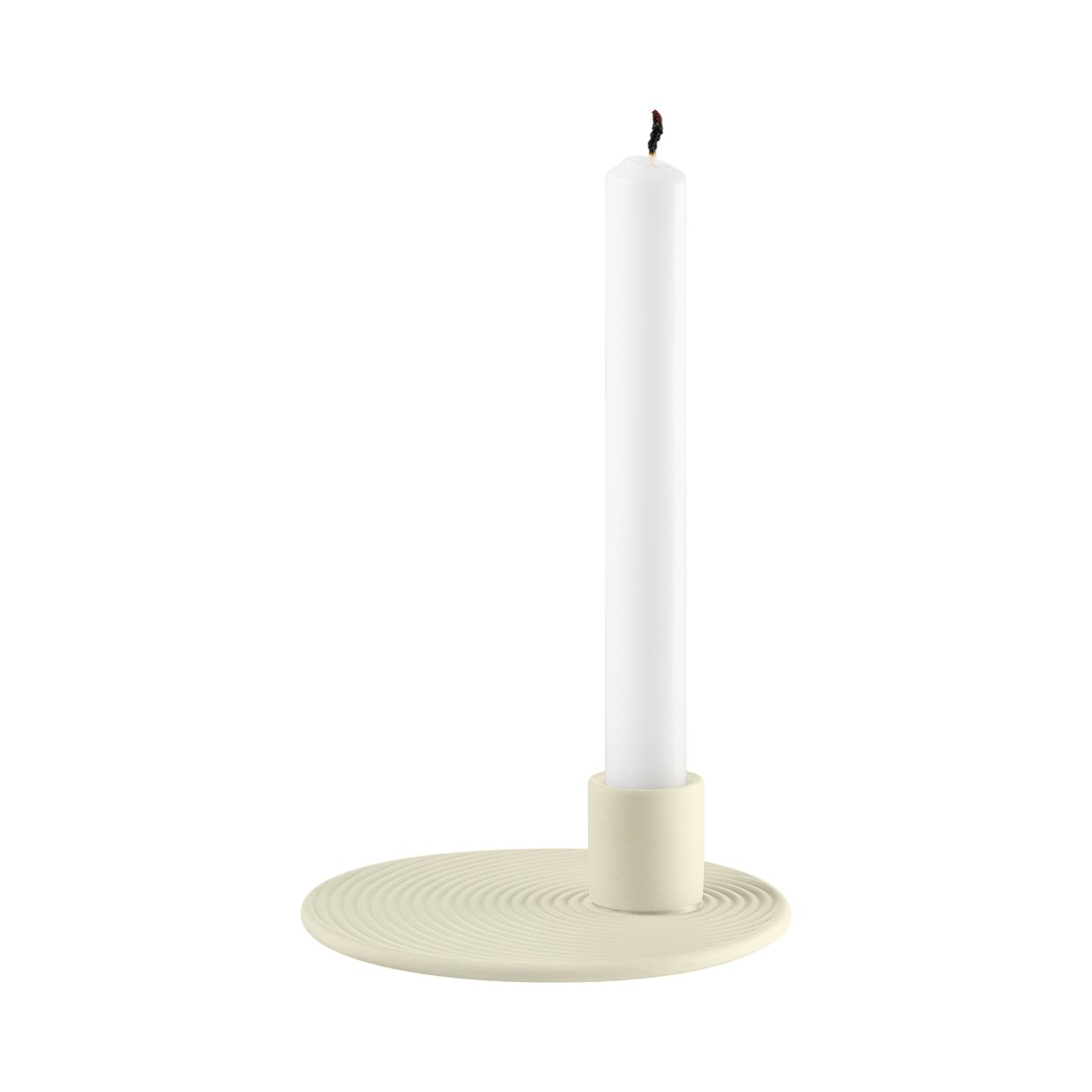 Minimalist white candle on a textured beige holder, perfect for home decor.