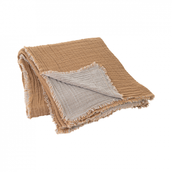 Soft, textured blanket with a cozy beige and tan color, perfect for home decor or comfort.