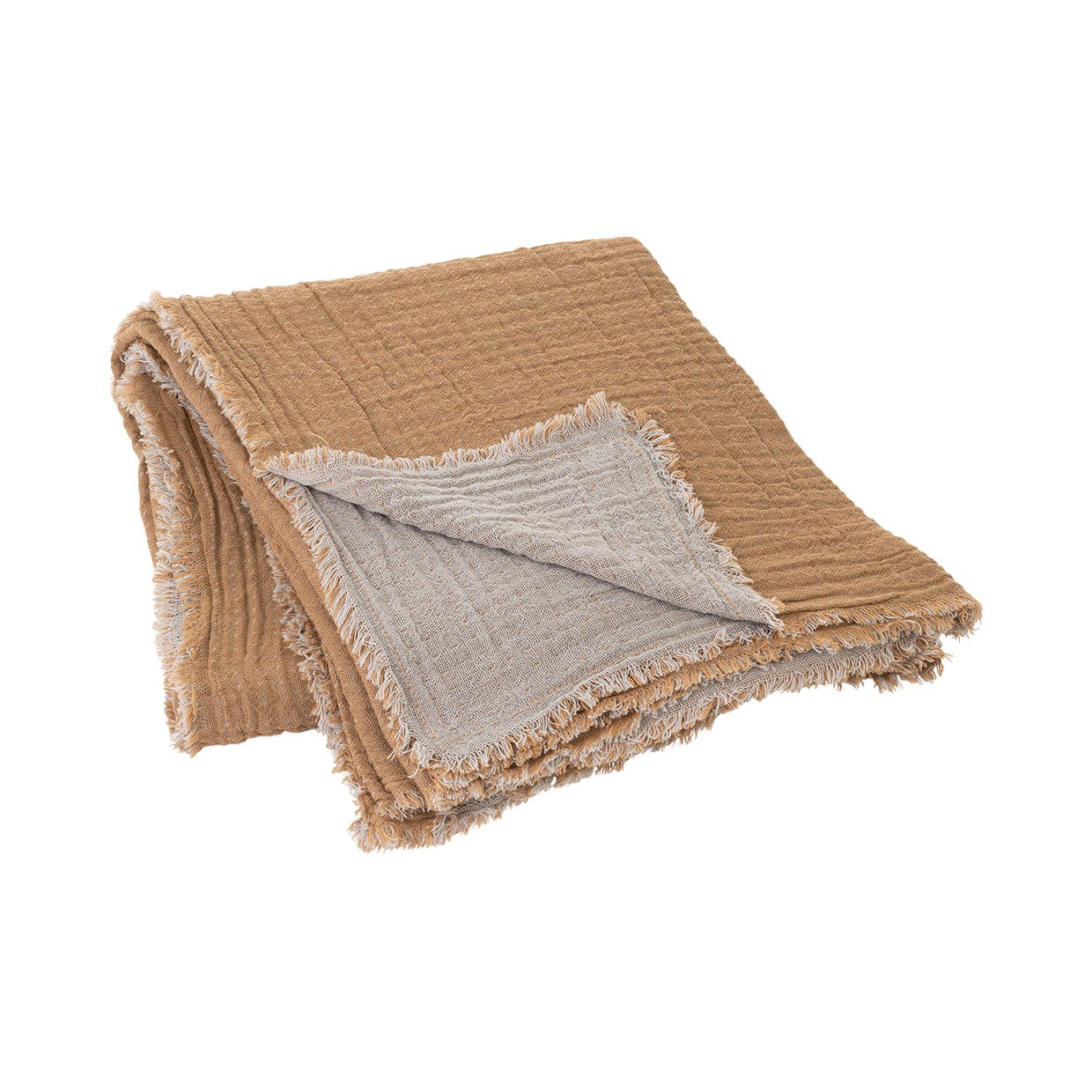 Soft, textured blanket with a cozy beige and tan color, perfect for home decor or comfort.