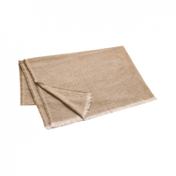 Natural beige linen fabric folded on a white background, ideal for home décor and sewing projects.