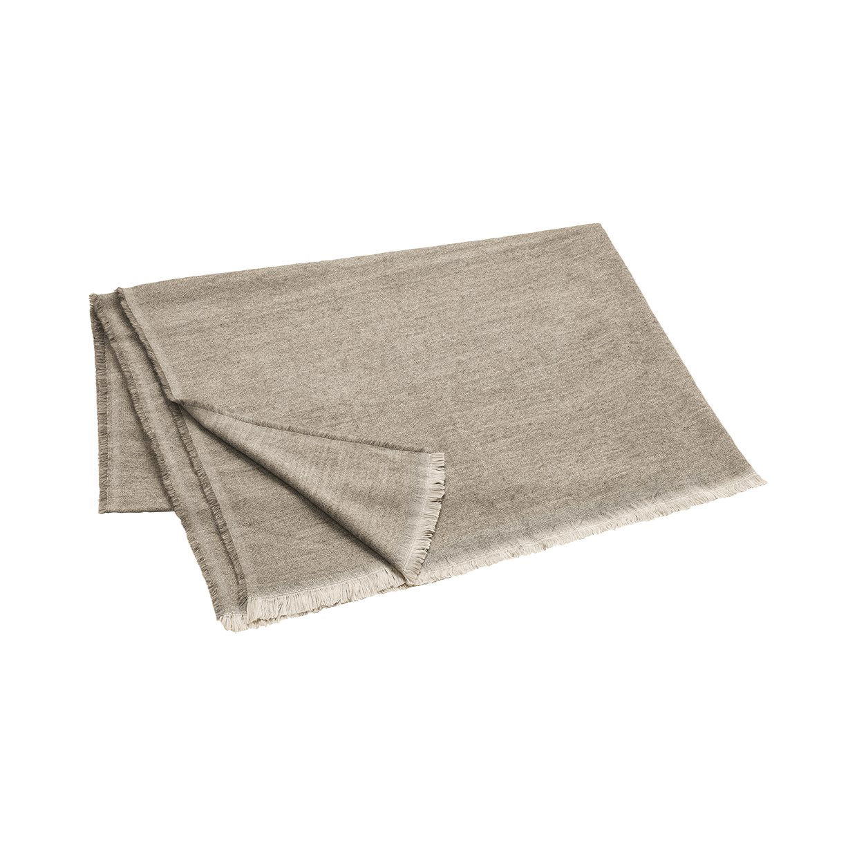 Neutralbeige Leinenstoff ordentlich gefaltet auf einem weißen Hintergrund für Inspiration zur Wohnraumdekoration.