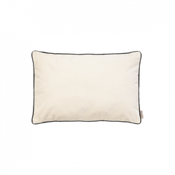 Cream-colored decorative pillow with black piping on a white background.