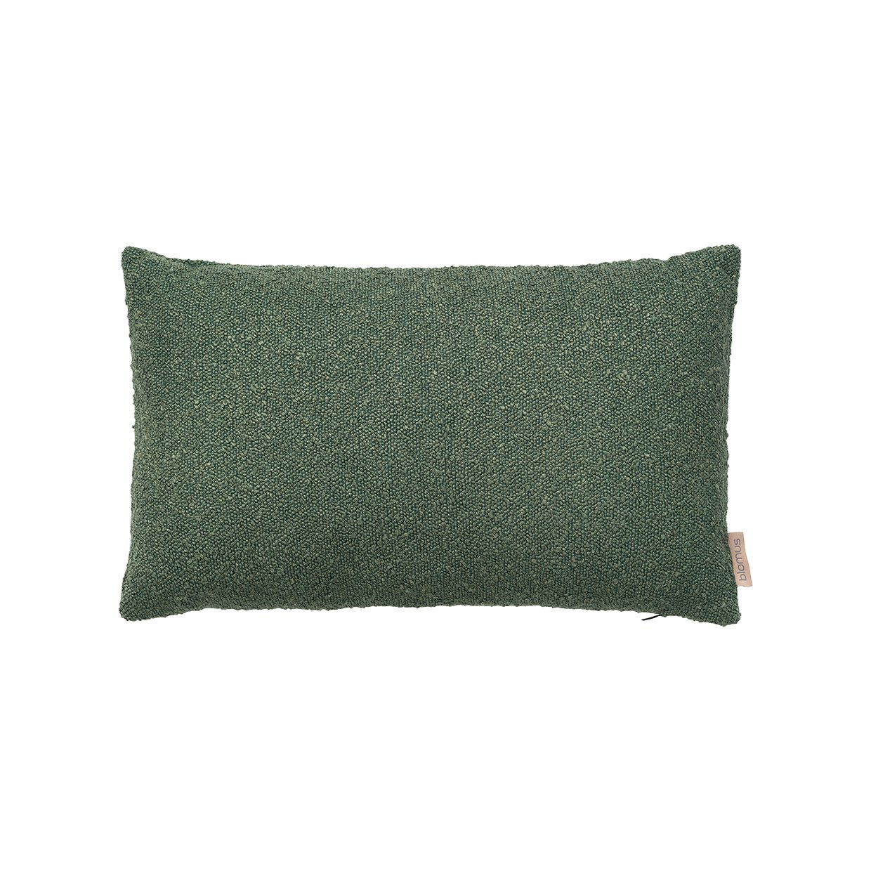 Green decorative pillow with textured fabric on a white background.