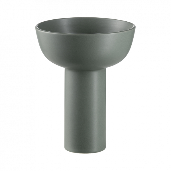 Modnerner grüner Keramik-Blumenkübel mit einem hohen Fuß und breitem Schüsseldesign.