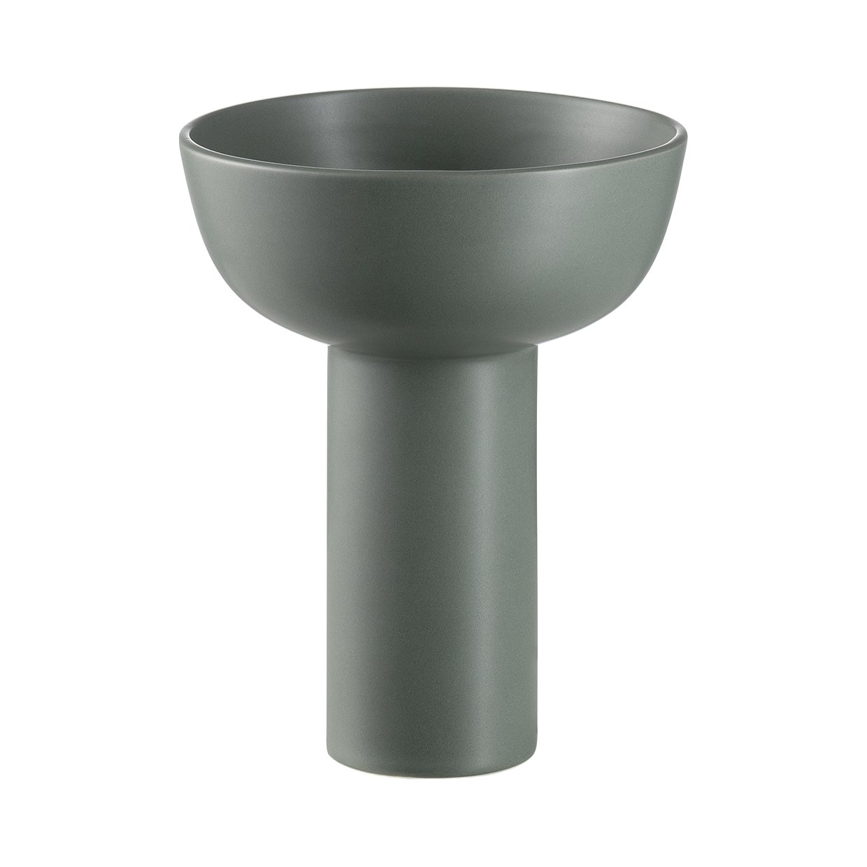 Modnerner grüner Keramik-Blumenkübel mit einem hohen Fuß und breitem Schüsseldesign.