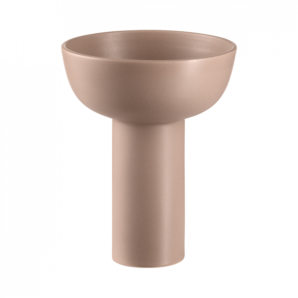 Minimalistische beigefarbene Keramikschale auf einem Sockel, perfekt für moderne Dekoration.
