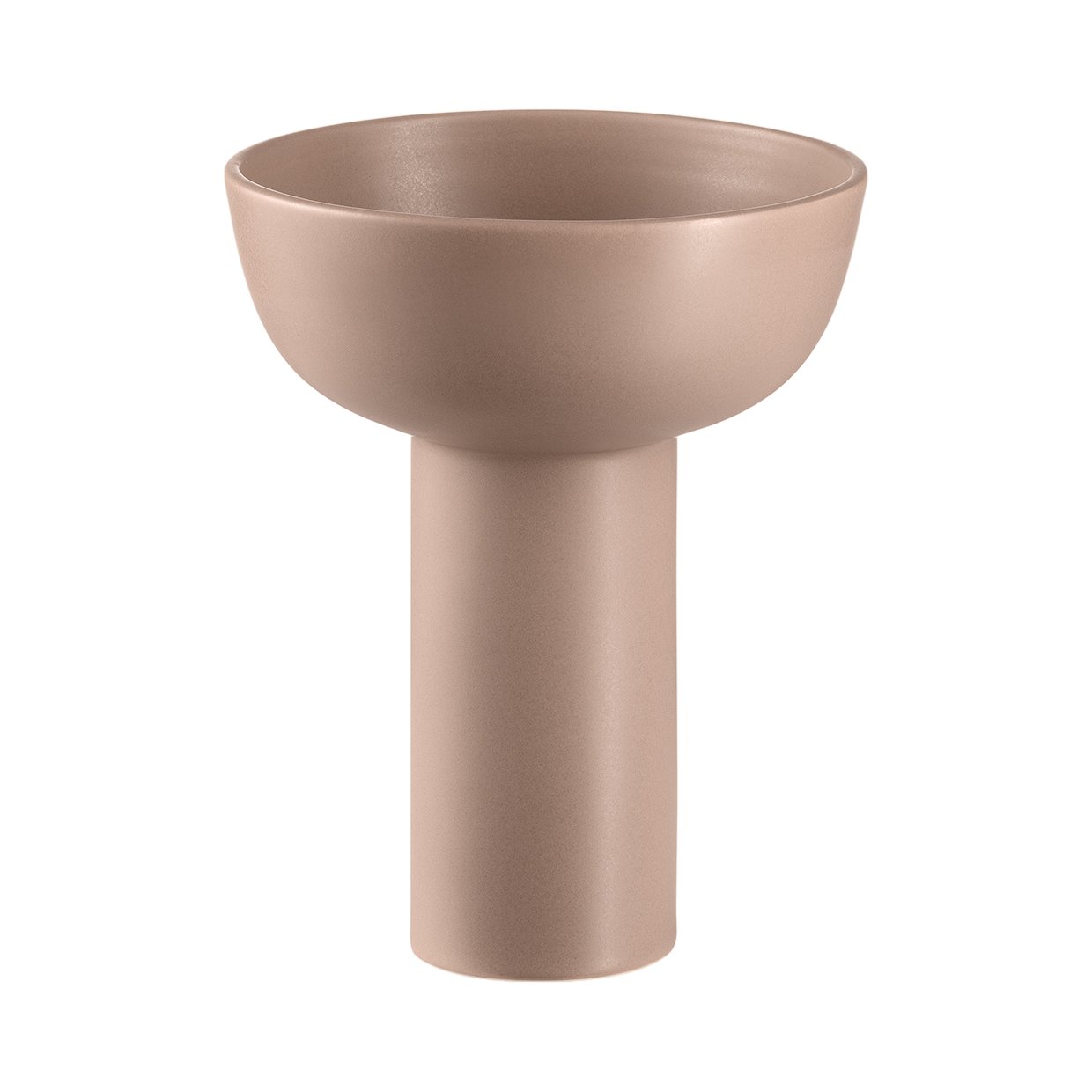 Minimalistische beigefarbene Keramikschale auf einem Sockel, perfekt für moderne Dekoration.