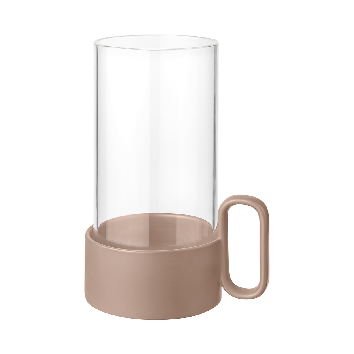 Moderner Glasbecher mit einem eleganten beigen Sockel und Griff, perfekt für stilvolle Getränke.