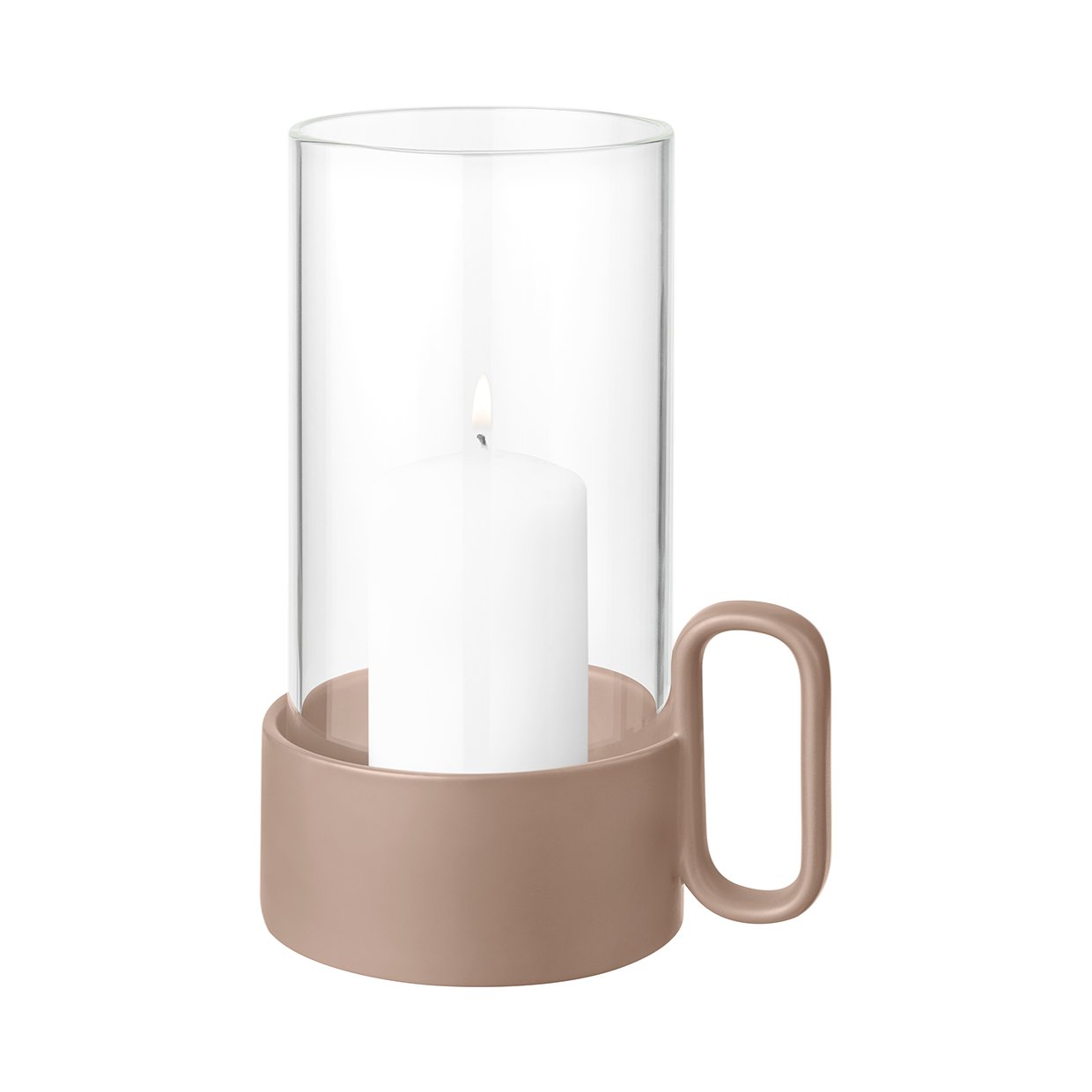 Eleganter Glas-Teelichthalter mit einer weißen Kerze in einem stilvollen taupefarbenen Sockel.