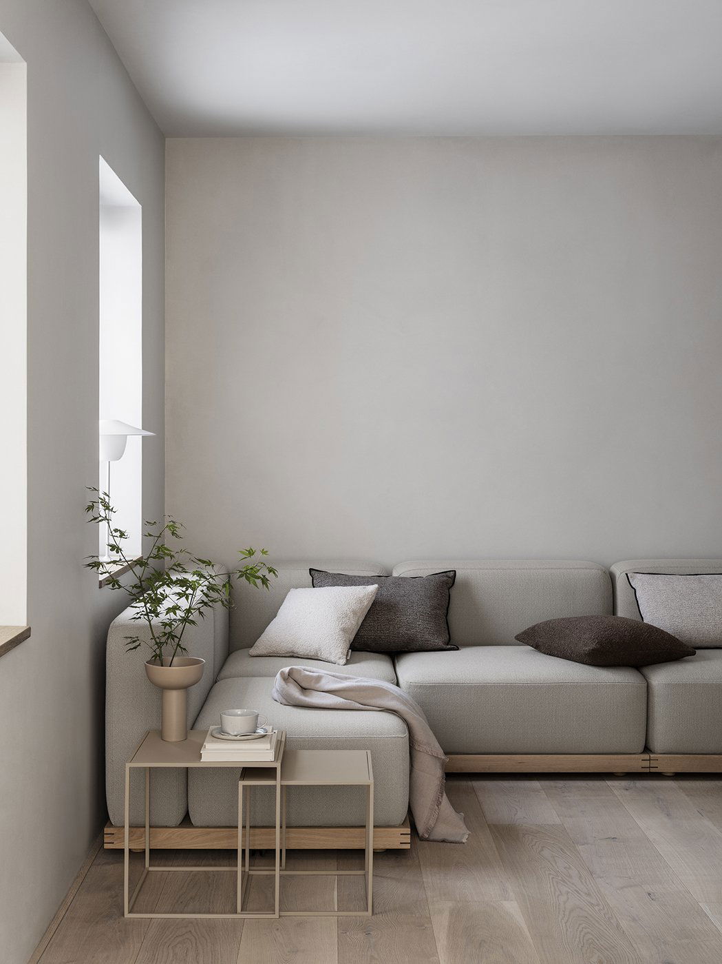 Gemütliches Wohnzimmer mit modernem neutralem Dekor, stilvollem Sofa und natürlichem Licht.